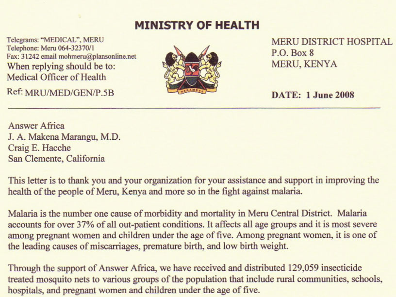 Letters of Accommodation to Answer Africa Ministry of Health Kenya